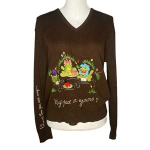 Vintage 60s Brown V neck Sweater Embroidered Frogs Lily Pad Andreno Argenti M